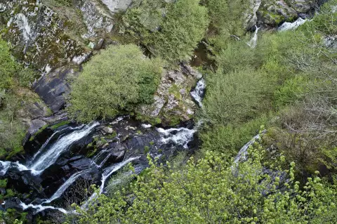 Les cascades du Saut du Chien dévalant le granit au milieu des arbres, à Montézic en Aveyron