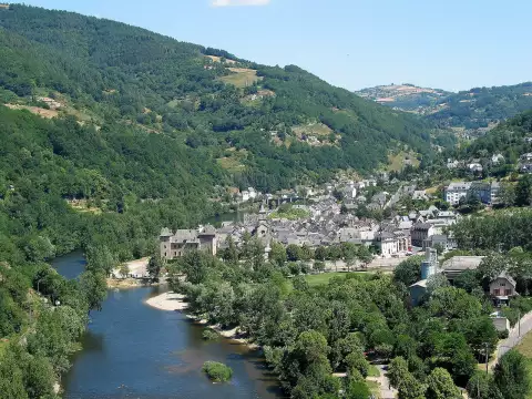 Entraygues-sur-Truyère vu des hauteurs, ses toits au bord de la rivière entre les collines boisées